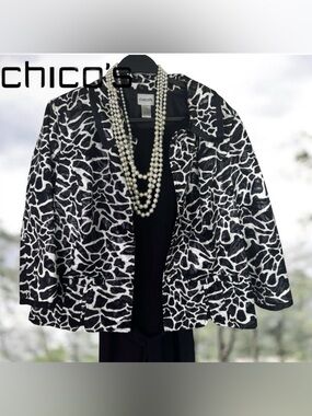 Chico's Black and White Shiny Animal Print Blazer